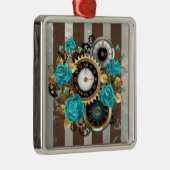 Steampunk Clock- en Turquoise-Rozen op gestreept Metalen Ornament (Rechts)