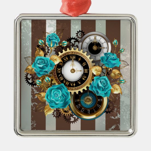 Steampunk Clock- en Turquoise-Rozen op gestreept Metalen Ornament (Voorkant)