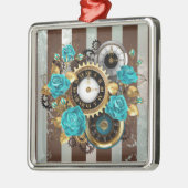 Steampunk Clock- en Turquoise-Rozen op gestreept Metalen Ornament (Links)