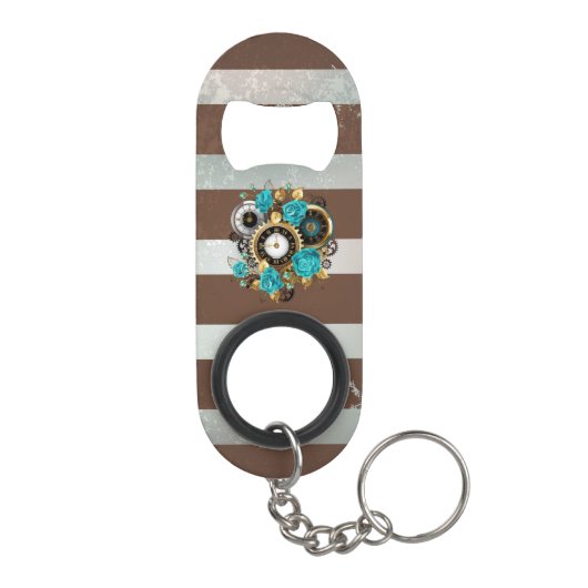 Steampunk Clock- en Turquoise-Rozen op gestreept Mini Flessenopener (Achterkant)