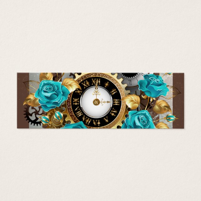 Steampunk Clock- en Turquoise-Rozen op gestreept Mini Visitekaartjes (Voorkant)