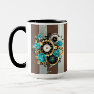 Steampunk Clock- en Turquoise-Rozen op gestreept Mok