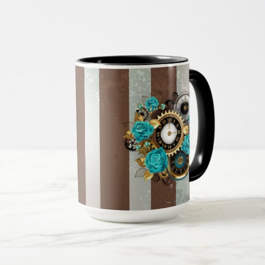 Steampunk Clock- en Turquoise-Rozen op gestreept Mok (Voorkant rechts)