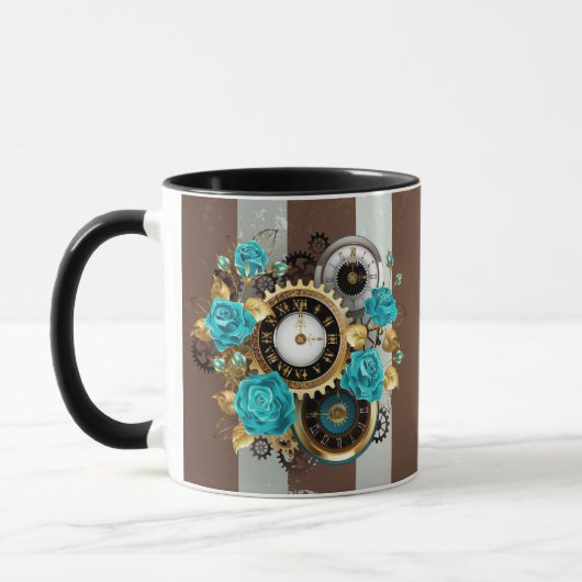 Steampunk Clock- en Turquoise-Rozen op gestreept Mok (Links)