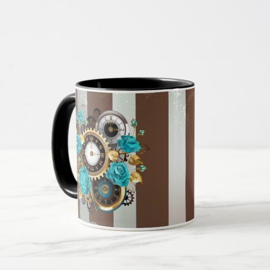 Steampunk Clock- en Turquoise-Rozen op gestreept Mok (Voorkant links)