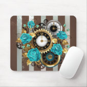 Steampunk Clock- en Turquoise-Rozen op gestreept Muismat (Met muis)