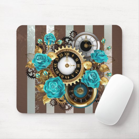 Steampunk Clock- en Turquoise-Rozen op gestreept Muismat (Met muis)