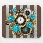 Steampunk Clock- en Turquoise-Rozen op gestreept Muismat (Voorkant)