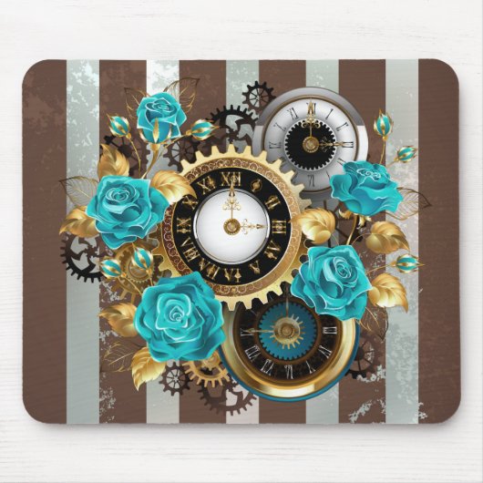 Steampunk Clock- en Turquoise-Rozen op gestreept Muismat (Voorkant)