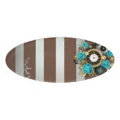Steampunk Clock- en Turquoise-Rozen op gestreept Naambadge (Voorkant)