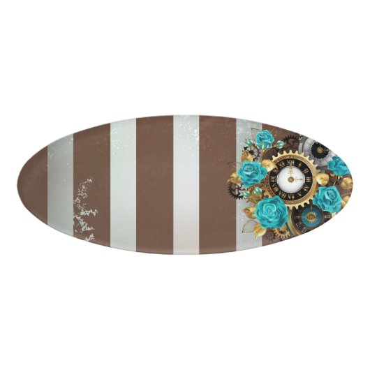 Steampunk Clock- en Turquoise-Rozen op gestreept Naambadge (Voorkant)