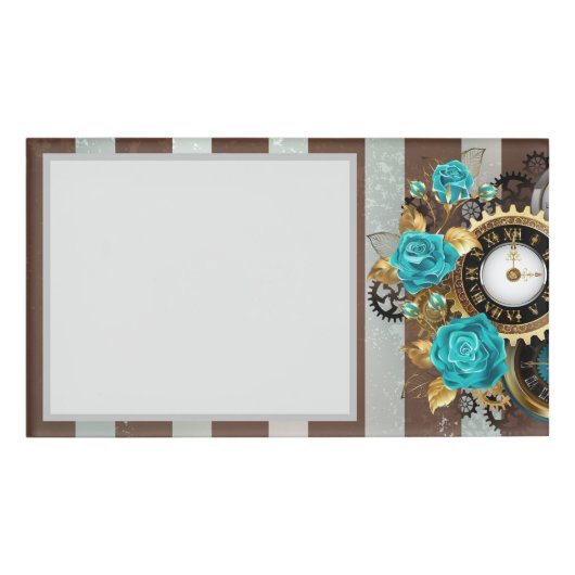 Steampunk Clock- en Turquoise-Rozen op gestreept Naambadge (Voorkant)