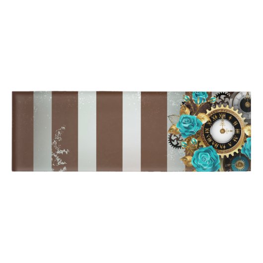 Steampunk Clock- en Turquoise-Rozen op gestreept Naambadge (Voorkant)