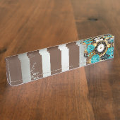 Steampunk Clock- en Turquoise-Rozen op gestreept Naambordje (Zijkant)