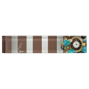 Steampunk Clock- en Turquoise-Rozen op gestreept Naambordje