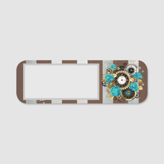 Steampunk Clock- en Turquoise-Rozen op gestreept Naamplaatje (Voorkant)