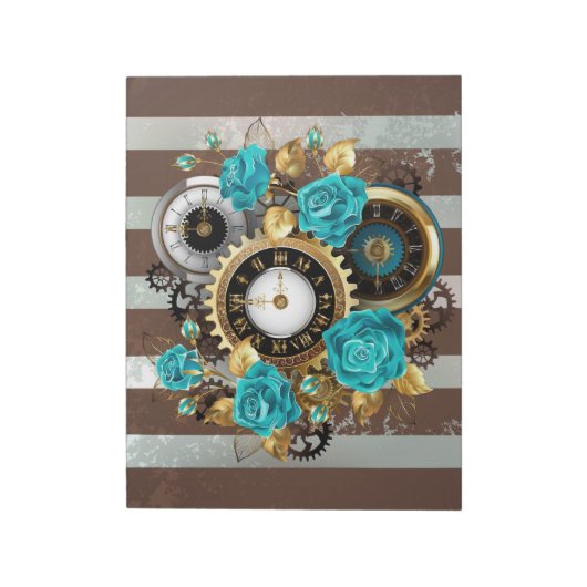 Steampunk Clock- en Turquoise-Rozen op gestreept Notitieblok (Linkerzijde)