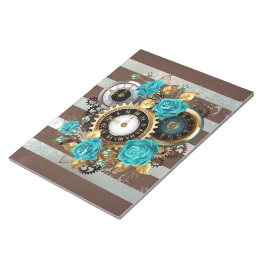 Steampunk Clock- en Turquoise-Rozen op gestreept Notitieblok (Schuin)