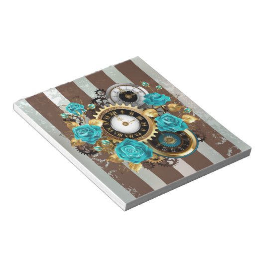 Steampunk Clock- en Turquoise-Rozen op gestreept Notitieblok (Schuin)