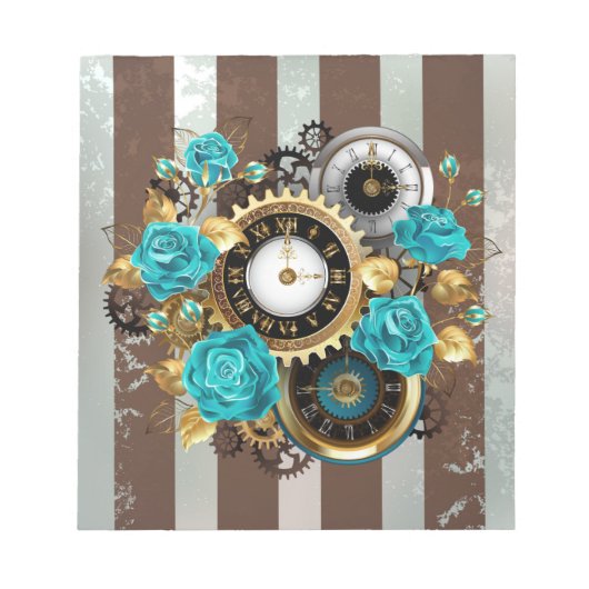 Steampunk Clock- en Turquoise-Rozen op gestreept Notitieblok (Voorkant)