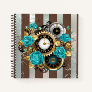 Steampunk Clock- en Turquoise-Rozen op gestreept Notitieboek