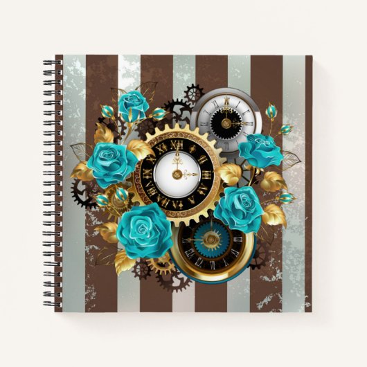 Steampunk Clock- en Turquoise-Rozen op gestreept Notitieboek (Voorkant)