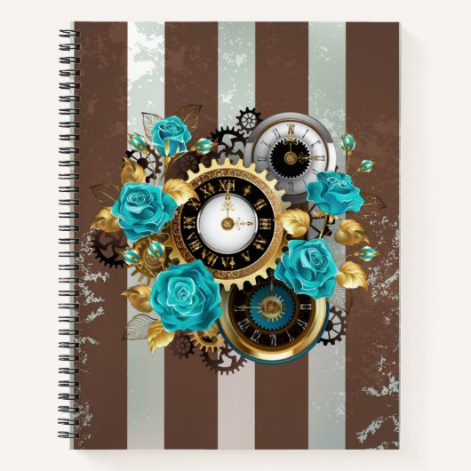 Steampunk Clock- en Turquoise-Rozen op gestreept Notitieboek (Voorkant)