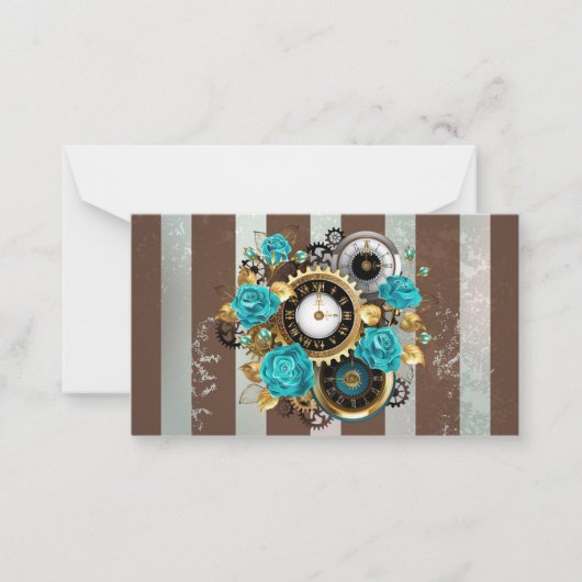 Steampunk Clock- en Turquoise-Rozen op gestreept Notitiekaartje (Voorkant)