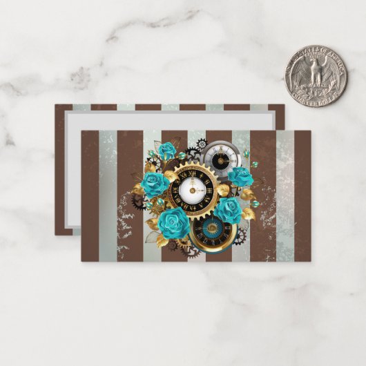 Steampunk Clock- en Turquoise-Rozen op gestreept Notitiekaartje (Voorkant / Achterkant in situ)