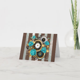 Steampunk Clock- en Turquoise-Rozen op gestreept Notitiekaartje