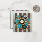 Steampunk Clock- en Turquoise-Rozen op gestreept Notitiekaartje (Voorkant / Achterkant in situ)