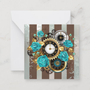 Steampunk Clock- en Turquoise-Rozen op gestreept Notitiekaartje