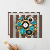 Steampunk Clock- en Turquoise-Rozen op gestreept Notitiekaartje (Voorkant / Achterkant in situ)