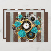 Steampunk Clock- en Turquoise-Rozen op gestreept Notitiekaartje (Voorkant / Achterkant)