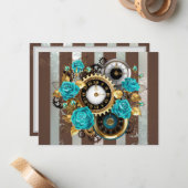 Steampunk Clock- en Turquoise-Rozen op gestreept Notitiekaartje (Voorkant / Achterkant in situ)