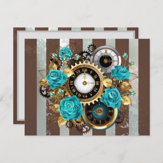 Steampunk Clock- en Turquoise-Rozen op gestreept Notitiekaartje (Voorkant / Achterkant)