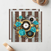 Steampunk Clock- en Turquoise-Rozen op gestreept Notitiekaartje (Voorkant / Achterkant in situ)