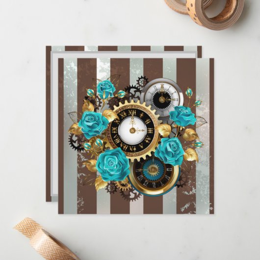 Steampunk Clock- en Turquoise-Rozen op gestreept Notitiekaartje (Voorkant / Achterkant in situ)
