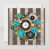 Steampunk Clock- en Turquoise-Rozen op gestreept Notitiekaartje (Voorkant)