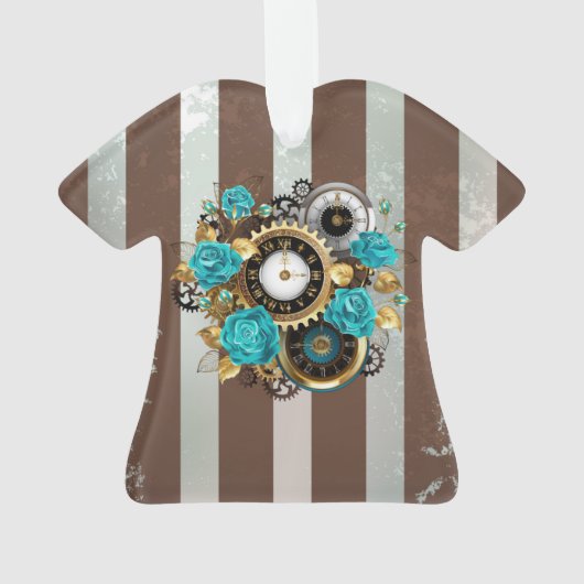 Steampunk Clock- en Turquoise-Rozen op gestreept Ornament (achterkant)