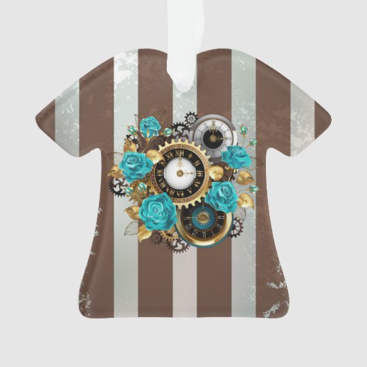 Steampunk Clock- en Turquoise-Rozen op gestreept Ornament (voorkant)