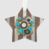 Steampunk Clock- en Turquoise-Rozen op gestreept Ornament (achterkant)