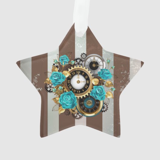Steampunk Clock- en Turquoise-Rozen op gestreept Ornament (achterkant)