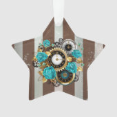 Steampunk Clock- en Turquoise-Rozen op gestreept Ornament (voorkant)