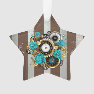 Steampunk Clock- en Turquoise-Rozen op gestreept Ornament