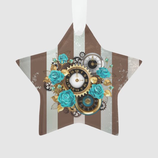 Steampunk Clock- en Turquoise-Rozen op gestreept Ornament (voorkant)