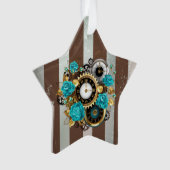 Steampunk Clock- en Turquoise-Rozen op gestreept Ornament (voorkant)