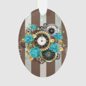 Steampunk Clock- en Turquoise-Rozen op gestreept Ornament (voorkant)
