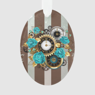 Steampunk Clock- en Turquoise-Rozen op gestreept Ornament