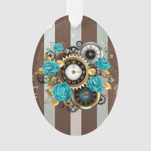 Steampunk Clock- en Turquoise-Rozen op gestreept Ornament (voorkant)